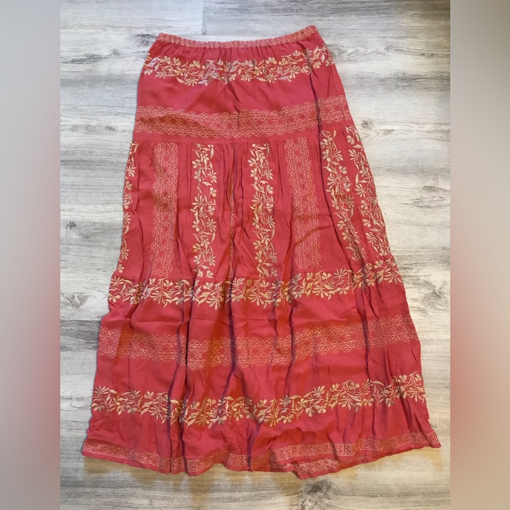 Hale Bob Regan Maxi Skirt Embroidered Rayon Crinkle Gauze Sz. Small Coral & Gold - Picture 3 of 14